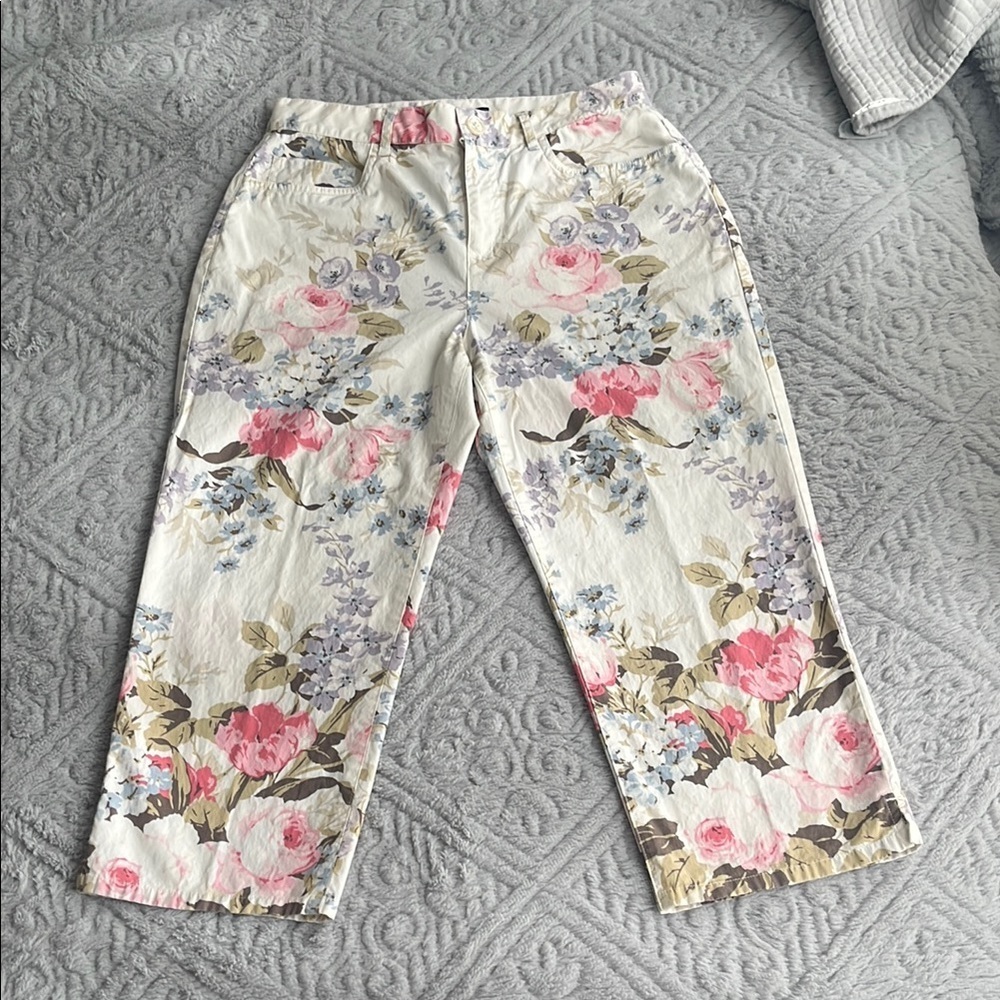RALPH LAUREN cotton Floral Print cropped capri Pants 4 COQUETTE petal pink prep - Picture 1 of 10